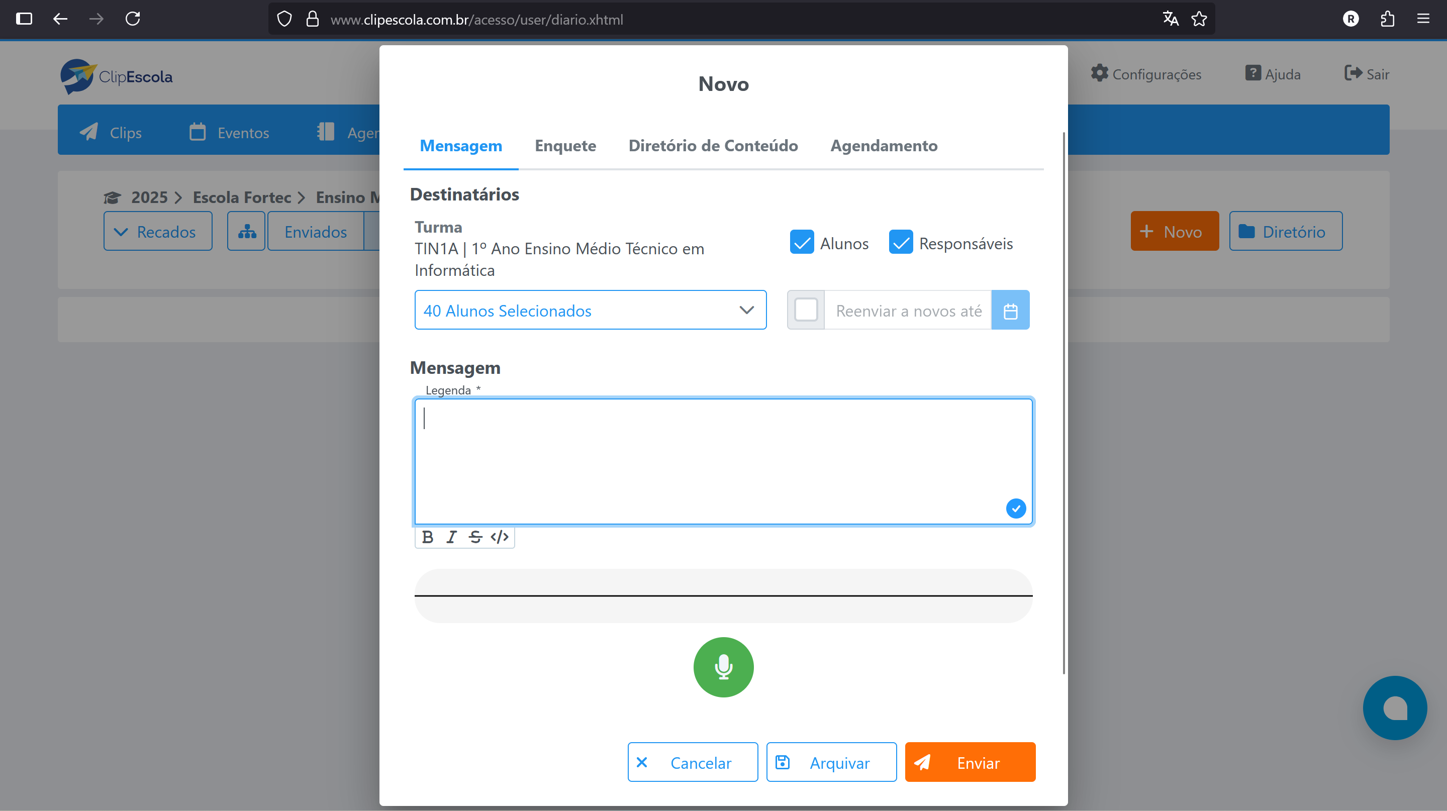 Menu de criação de mensagem Áudio