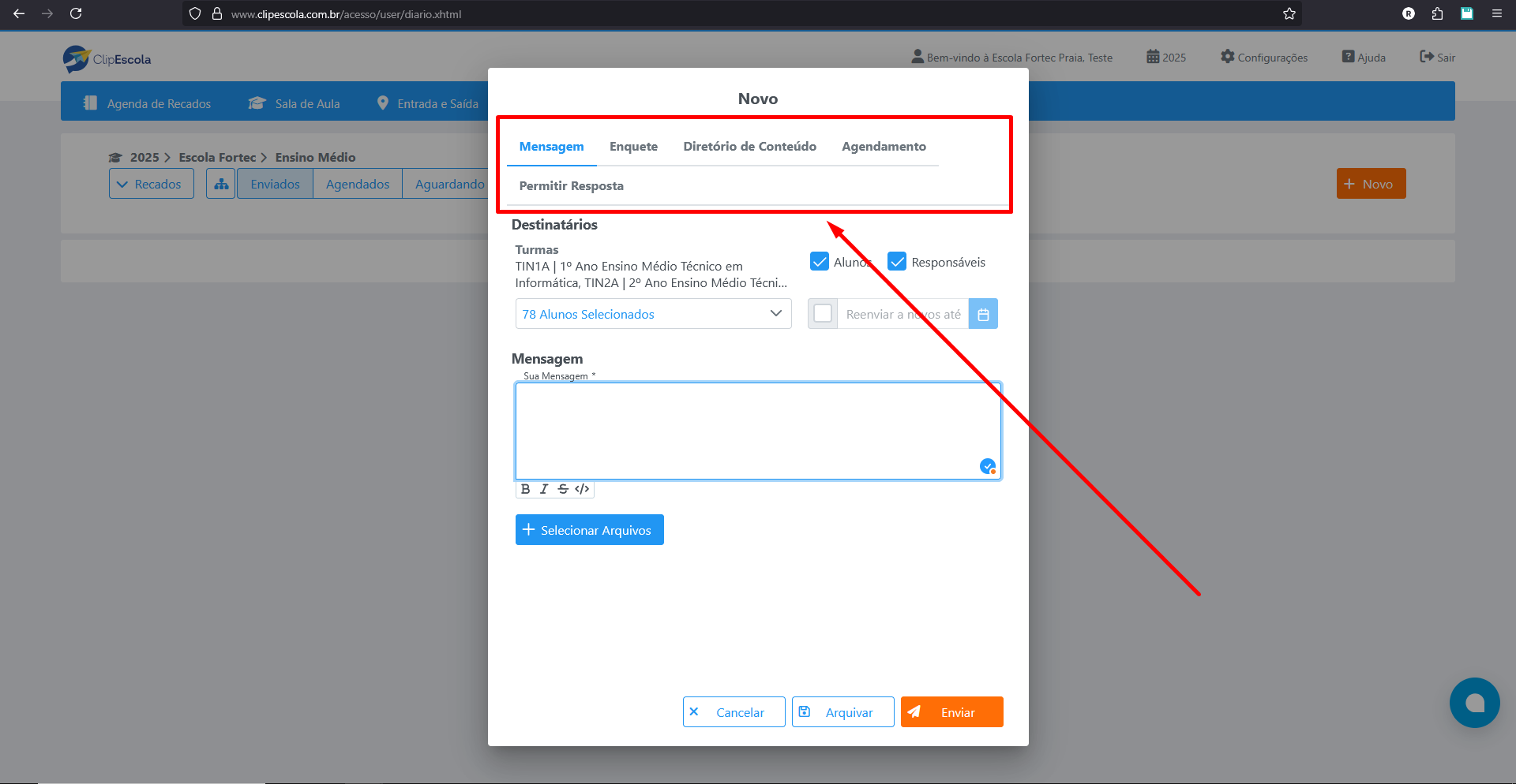 Menus de Configuração de Mensagem