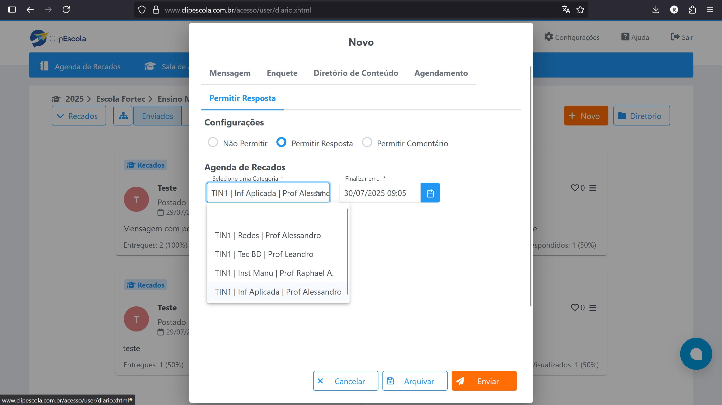 Menu de Permitir Resposta