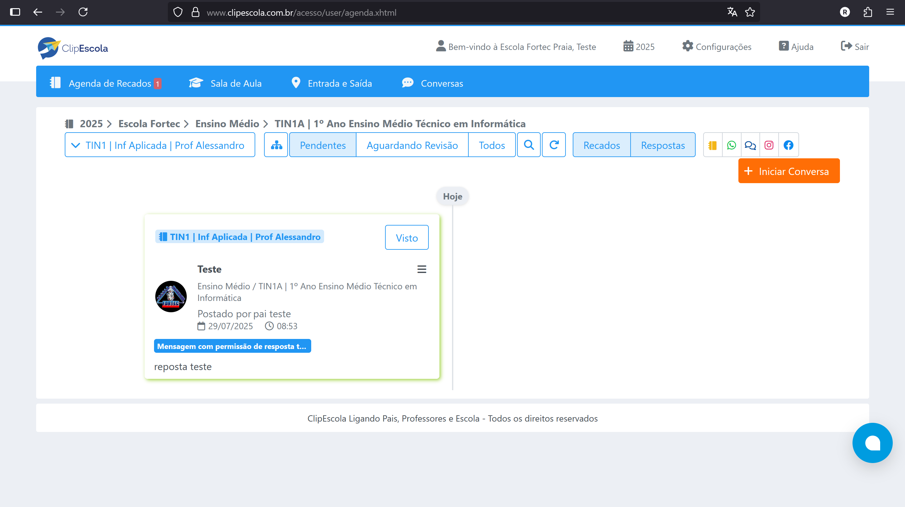 Resposta na Agenda de Recados