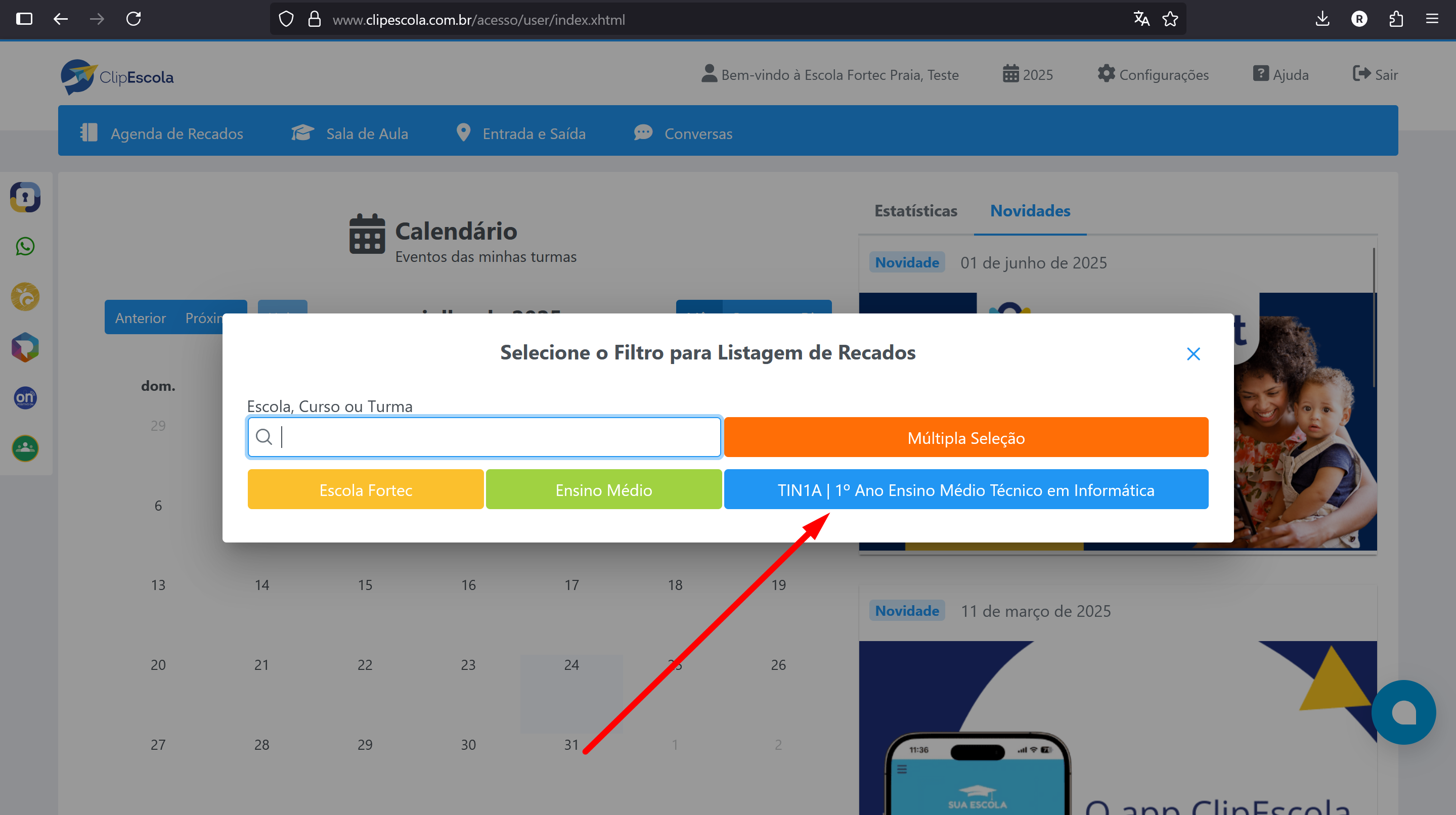 Imagem do menu de seleção de turma