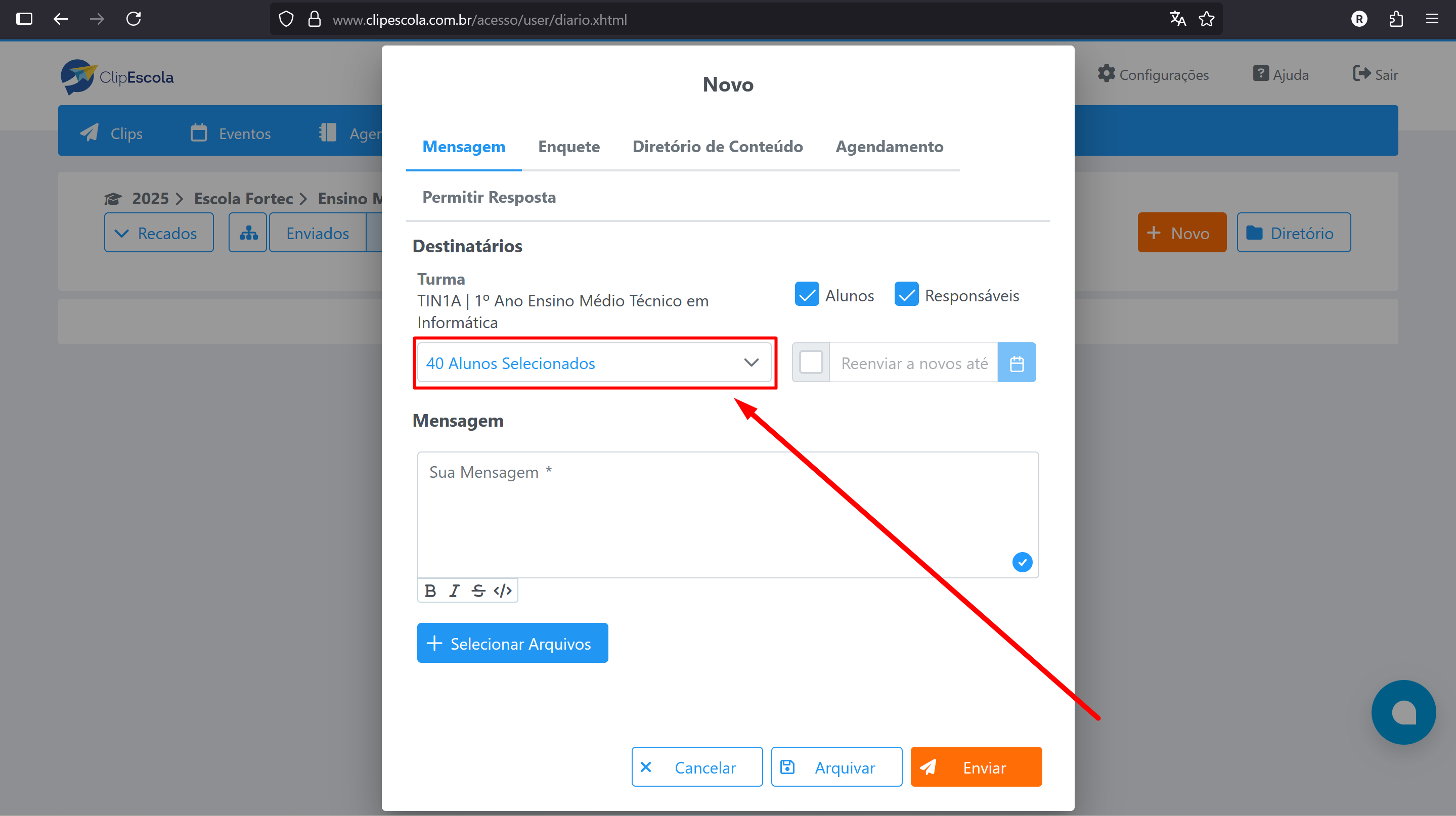 Caixa de seleção de alunos