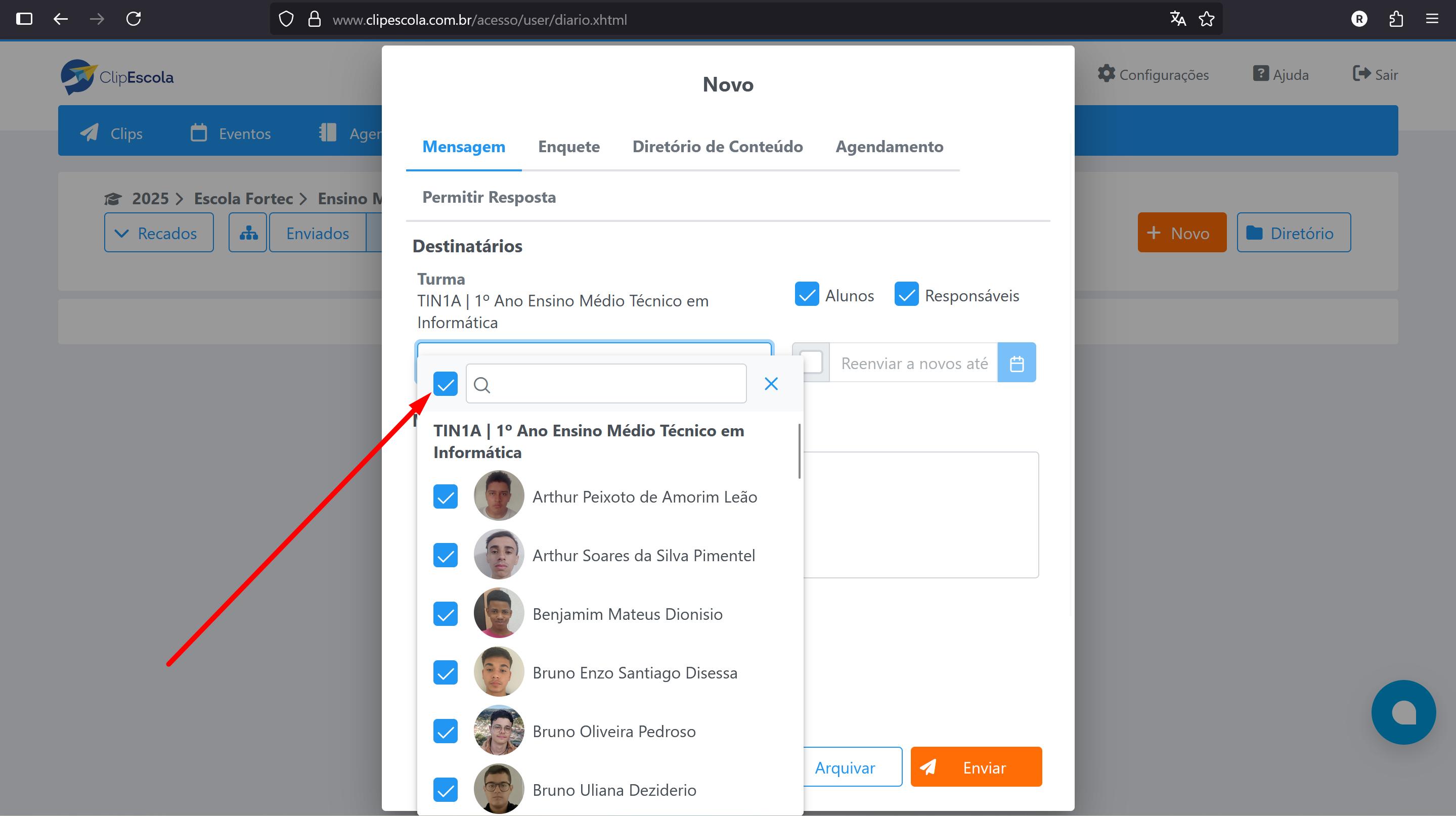 Caixa de seleção de turma completa