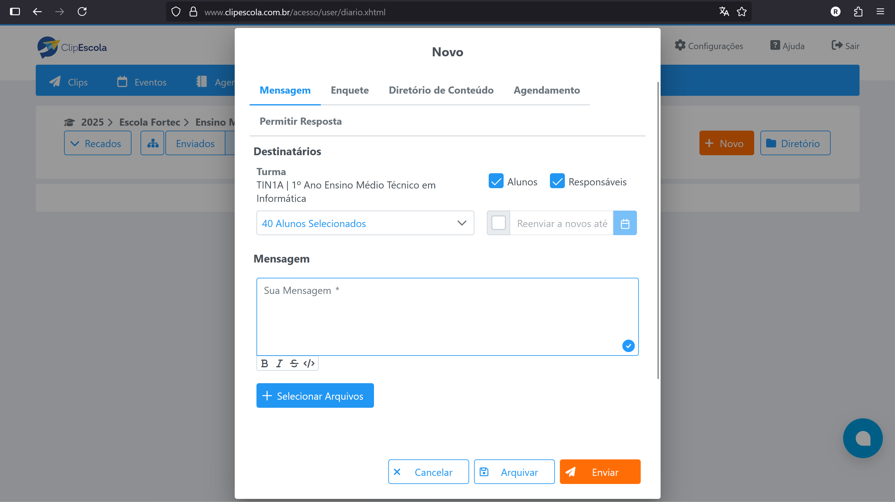 Menu de criação de mensagem Texto e Mídia